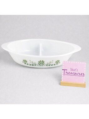MCM Glasbake J2352 Divided Oval Jennette Green Crazy Daisy Baking Serving Dish